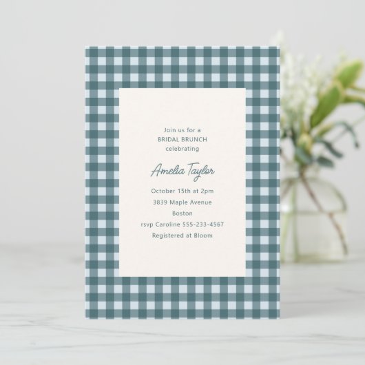 Glacier Blauwe Gingham Chic Bruiloftsborrel Brunch Kaart (Staand voorkant)