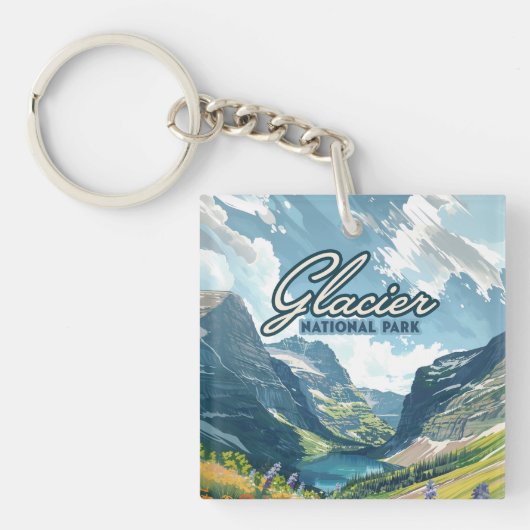 Glacier National Park Montana Lake Retro Sleutelhanger (Voorkant)