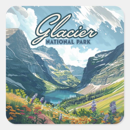 Glacier National Park Montana Lake Retro Vierkante Sticker (Voorkant)