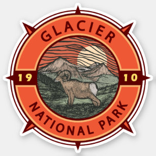 Glacier National Park Retro Bighorn Sheep Compass Sticker