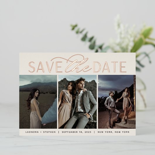 Glad Schrift | Drie Foto Save the Date Folie Uitnodiging (Staand Voorkant)