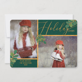 Glad Tidings Green en Gold Holly 2 Foto Feestdagenkaart