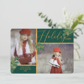 Glad Tidings Green en Gold Holly 2 Foto Feestdagenkaart (Staand voorkant)