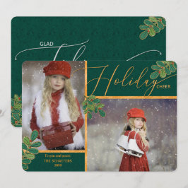 Glad Tidings Green en Gold Holly 2 Foto Feestdagenkaart