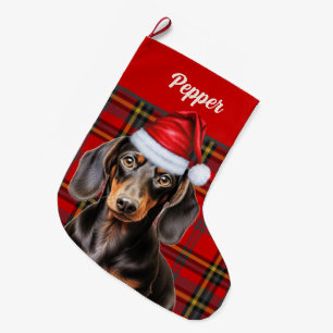 Gladde dachshond hond kerst geruite gepersonalisee grote kerstsok