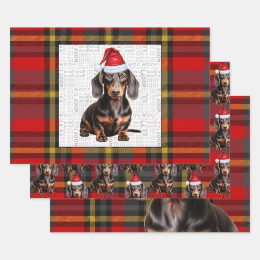 Gladde dachshond Kersthond en rode ruit Inpakpapier Vel (Set)