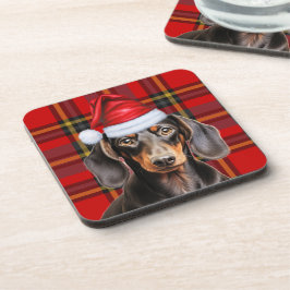 Gladde dachshond met rode en groene kerstplaid bier onderzetter