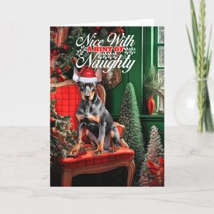 Gladde Doberman Kersthond Naughty Nice Feestdagen Kaart