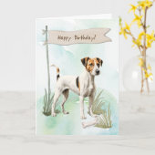 Gladde Fox Terrier Breed Hond Onder Verjaardagsbor Kaart (Gele Bloem)