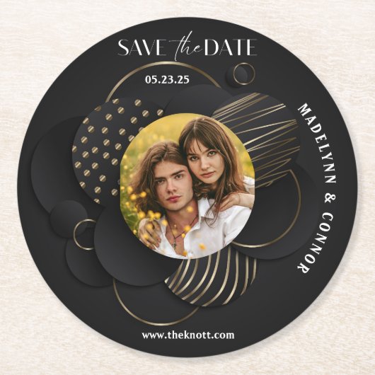 Gladde Script Verticale Foto Save the Date  Ronde Kartonnen Onderzetter (Voorkant)