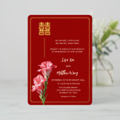 Gladiolus Bloem Rood Goud Chinees Huwelijk Folie Uitnodiging (Staand Voorkant)