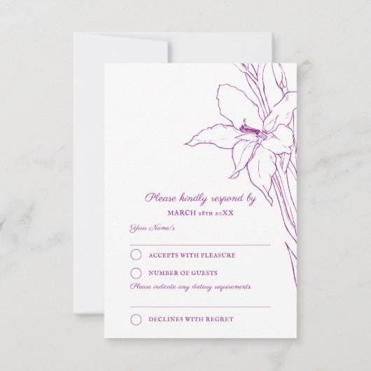 Gladiolus botanische paarse moerbei RSVP bruiloft Kaartje (Achterkant)