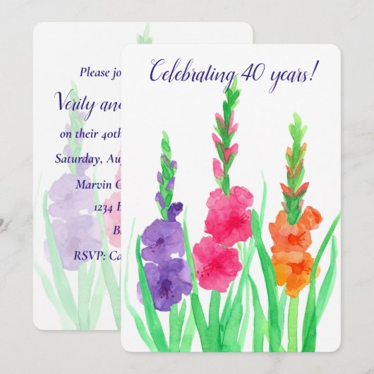 Gladiolus uitnodiging 40-jarig huwelijksjubileum (Voorkant / Achterkant)