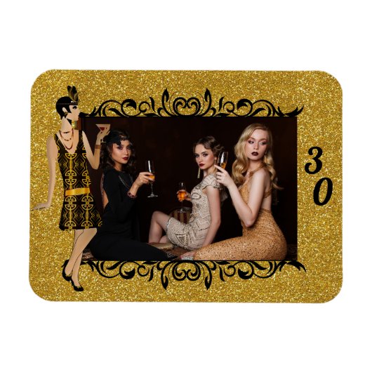 Glam 1920s Flapper Girl Gold 30th Custom Photo Magneet (Horizontaal)