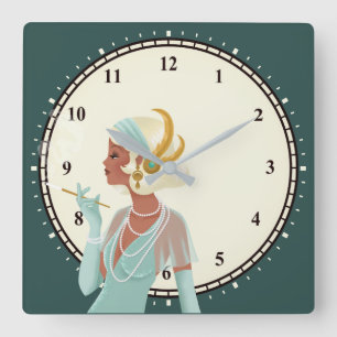 Glam 1920s Lady Minutes Numbers Turquoise Vierkante Klok
