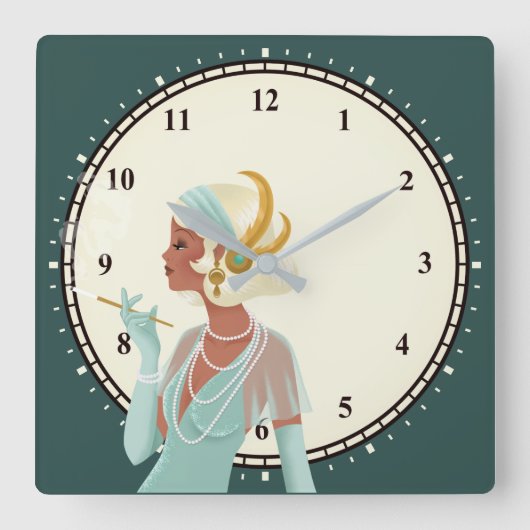  Glam 1920s Lady Minutes Numbers Turquoise Vierkante Klok (Voorkant)
