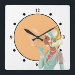 Glam 1920s Lady Numbers Gold White Vierkante Klok<br><div class="desc">Een aanraking van Art Deco twintigt glamour met deze dame in het blauwgroen,  een gouden achtergrond in het midden en wit aan de buitenkant,  en de getallen en stippen die een stijlvolle moderne aanraking toevoegen.</div>