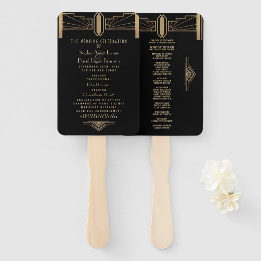 Glam 20's Great Gatsby Art Deco Wedding Programme Handwaaier (Voorkant en achterkant)