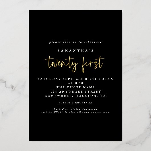 Glam 21st Birthday Party Script Black Real Folie Uitnodiging (Voorkant)