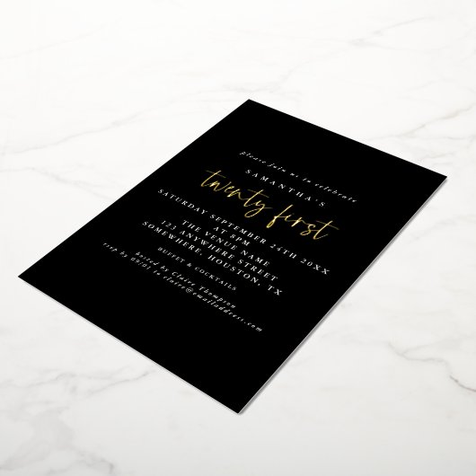 Glam 21st Birthday Party Script Black Real Folie Uitnodiging (Gedraaid)