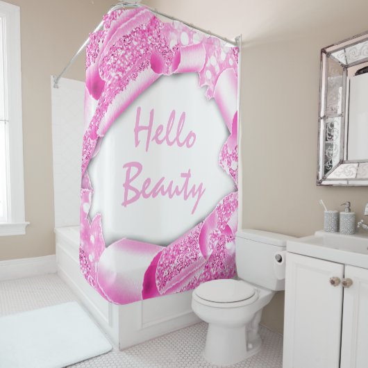 Glam 3D Lijst Roze Fuchsia HALLO Girly Douchegordijn (In situ)