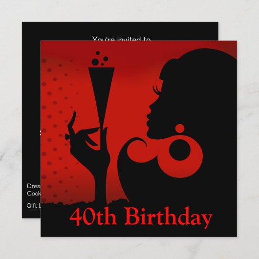 Glam 40ste verjaardag Cocktailparty | rood zwart Kaart (Voorkant / Achterkant)