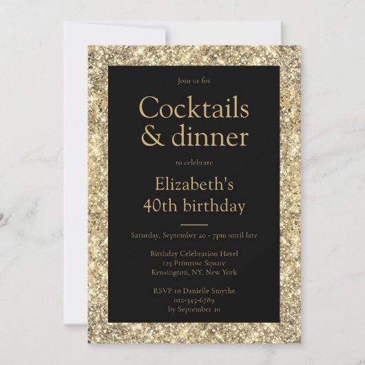 Glam 40th Birthday Black Gold Invitation Kaart (Voorkant)