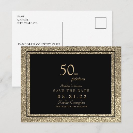 Glam 50 & Fabulous Gold Glitter Save the Date Post Briefkaart (Voorkant / Achterkant)