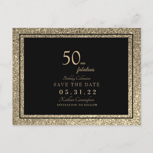 Glam 50 & Fabulous Gold Glitter Save the Date Post Briefkaart (Voorkant)