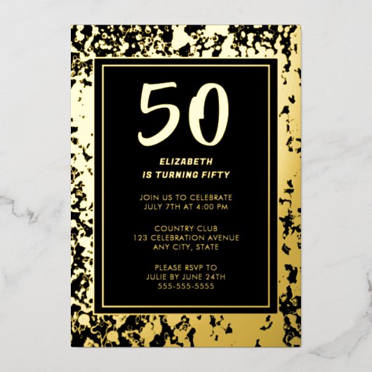 Glam 50e Zwart Gouden Verjaardag Foto Bold Luxe Folie Uitnodiging (Voorkant)