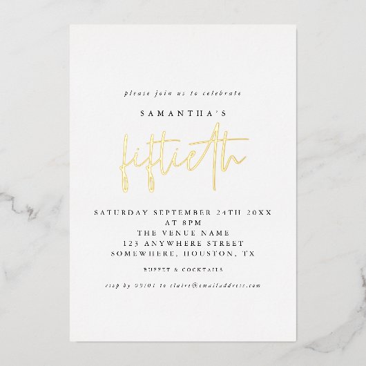 Glam 50th Birthday Party Script White - wit Folie Uitnodiging (Voorkant)