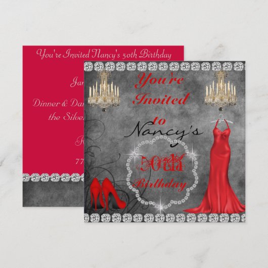 Glam 50th Design BLING Birthday Invitation Kaart (Voorkant / Achterkant)