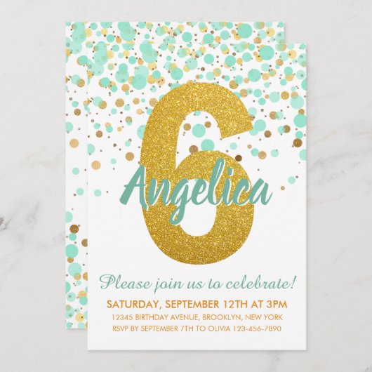 Glam 6e Verjaardagsmunt Groen Goud Glitter Confett Kaart (Voorkant / Achterkant)