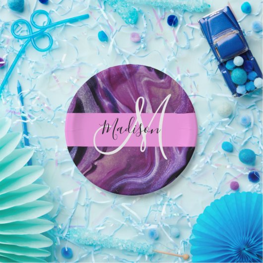 Glam Abstract Paars Shimmer Textielroze Monogram Papieren Bordje (Feest)