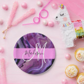 Glam Abstract Paars Shimmer Textielroze Monogram Papieren Bordje (Feest)