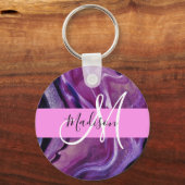 Glam Abstract Paars Shimmer Textielroze Monogram Sleutelhanger (Voorkant)