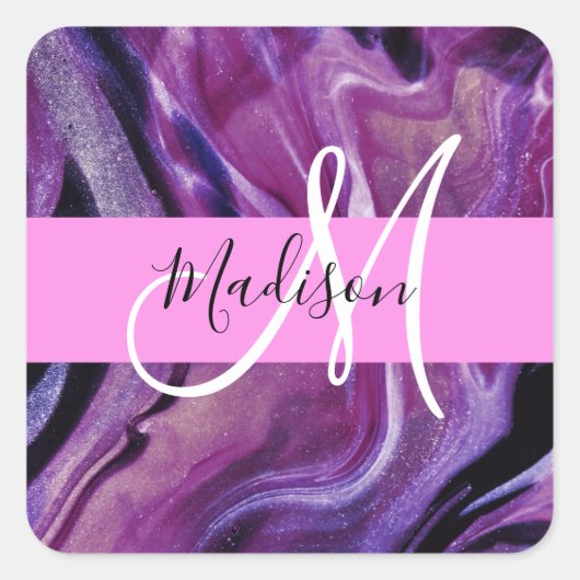 Glam Abstract Paars Shimmer Textielroze Monogram Vierkante Sticker (Voorkant)