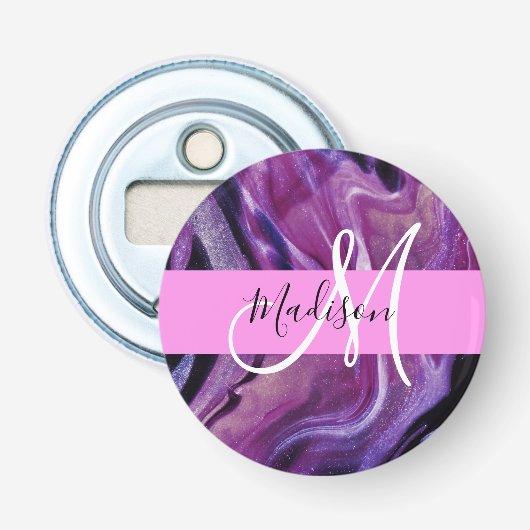 Glam abstract paarse glans textuur roze monogram button flesopener (Voorkant)