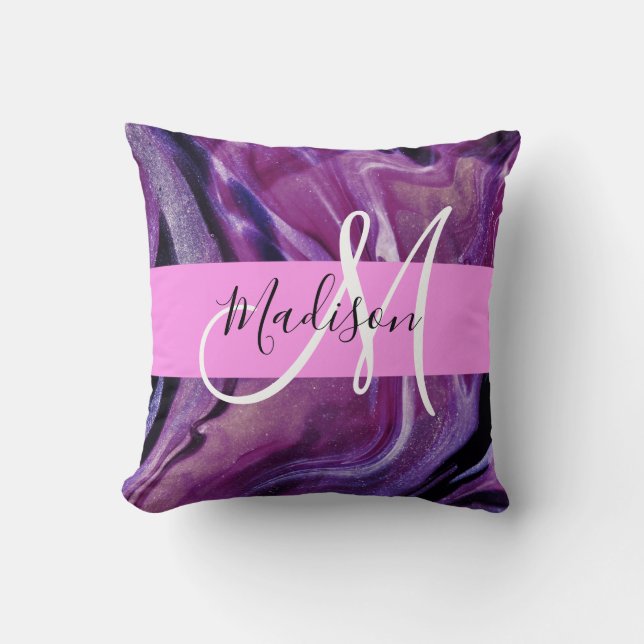 Glam abstract paarse glans textuur roze monogram kussen (Voorkant)