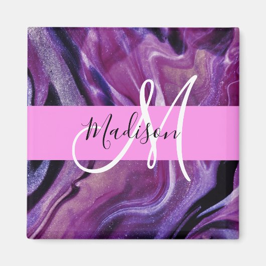 Glam abstract paarse glans textuur roze monogram magneet (Voorkant)