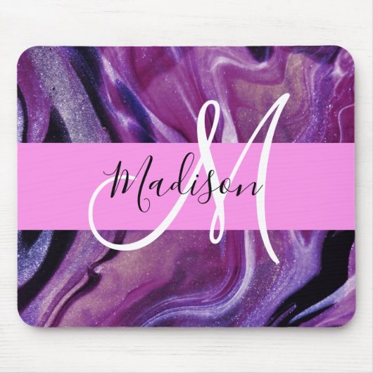 Glam abstract paarse glans textuur roze monogram muismat (Voorkant)