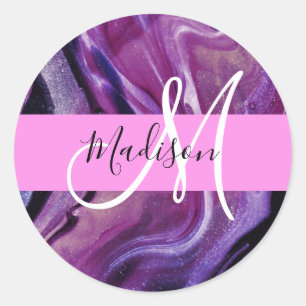 Glam abstract paarse glans textuur roze monogram ronde sticker