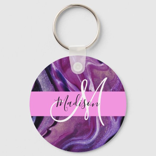 Glam abstract paarse glans textuur roze monogram sleutelhanger (Voorkant)
