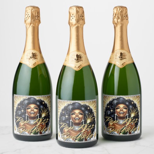 Glam Afro-Amerikaanse vrouw Verjaardag / NYE Sparkling Wijnetiket (Flessen)