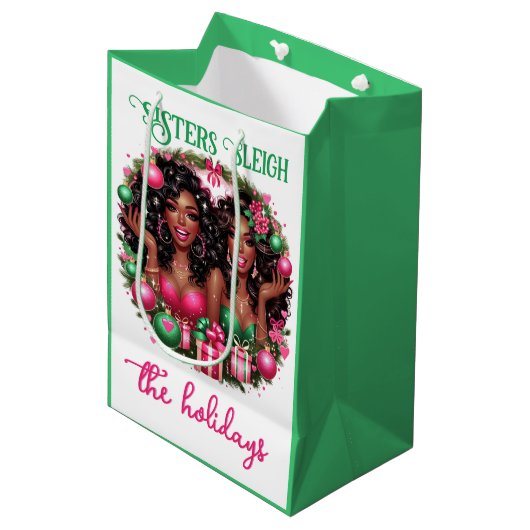 Glam Afro-Amerikaanse Vrouwen Kerst Roze/Groen Medium Cadeauzakje (Voorkant Gekanteld)