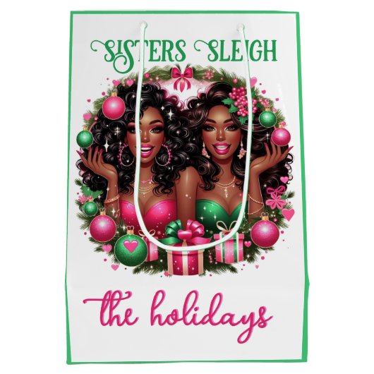 Glam Afro-Amerikaanse Vrouwen Kerst Roze/Groen Medium Cadeauzakje (Achterkant)