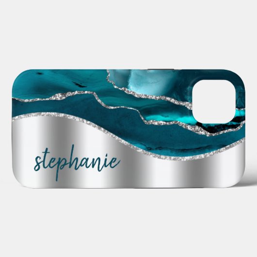 Glam Agate Geode Metallic Zilver Teal Naam Case-Mate iPhone Case (Achterkant (horizontaal))