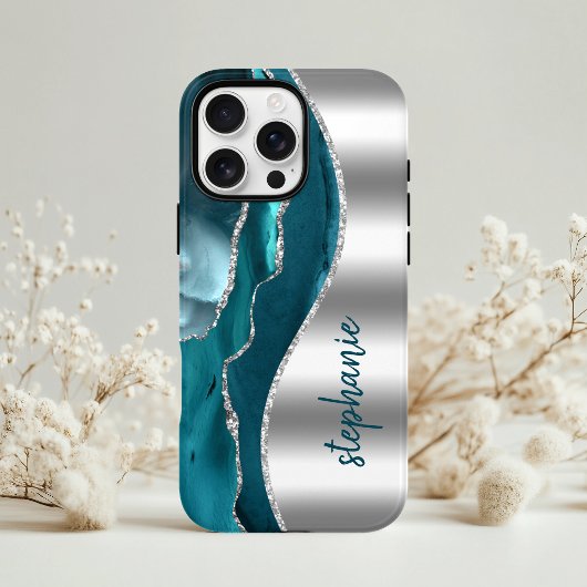 Glam Agate Geode Metallic Zilver Teal Naam Case-Mate iPhone Case
