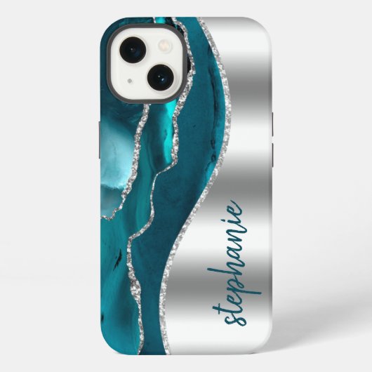 Glam Agate Geode Metallic Zilver Teal Naam iPhone Hoesje (Achterkant)