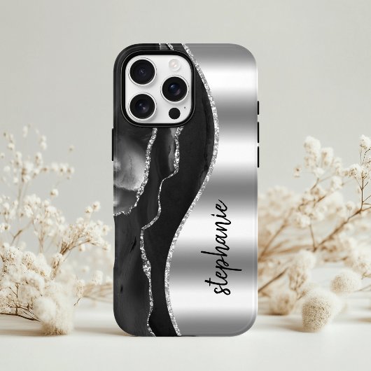 Glam Agate Geode Metallic Zilver Zwart Naam Case-Mate iPhone Case